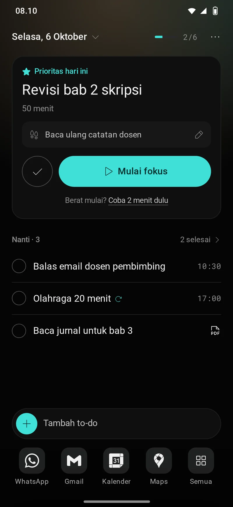 Layar utama Onsa: kartu Prioritas hari ini berisi Revisi bab 2 skripsi, 50 menit, dengan tombol Mulai fokus. Di bawahnya tiga to-do lain dan baris aplikasi favorit.